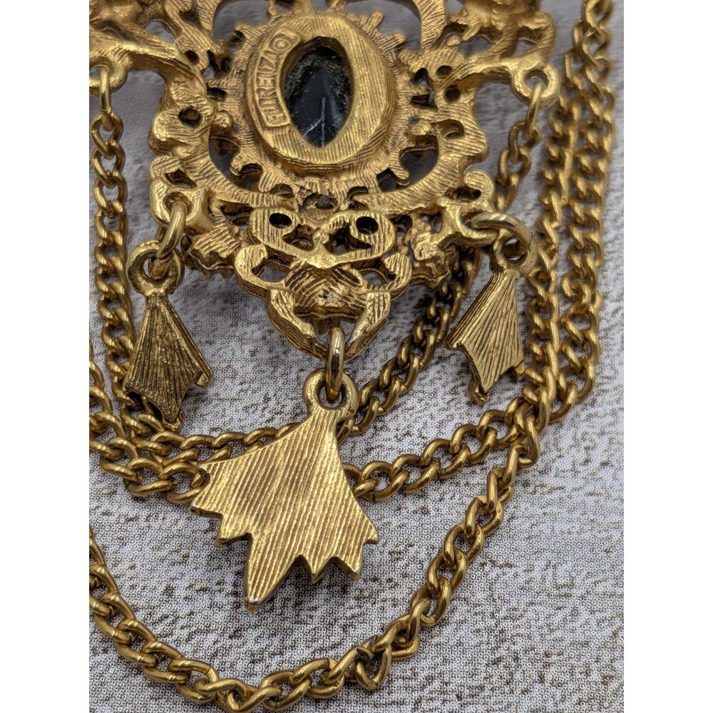 Florenza Brooch Black Cabochon Drape Chain Gold Tone Filigree 2.5in Signed Pin - Picture 16 of 16